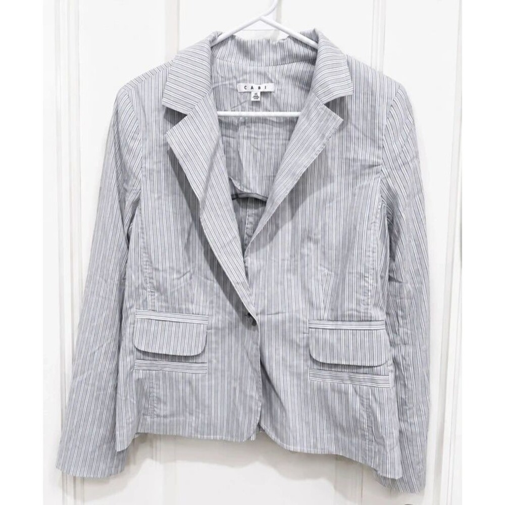 CAbi Women’s Gray White Pinstripe Blazer Jacket Size 10 Career Office